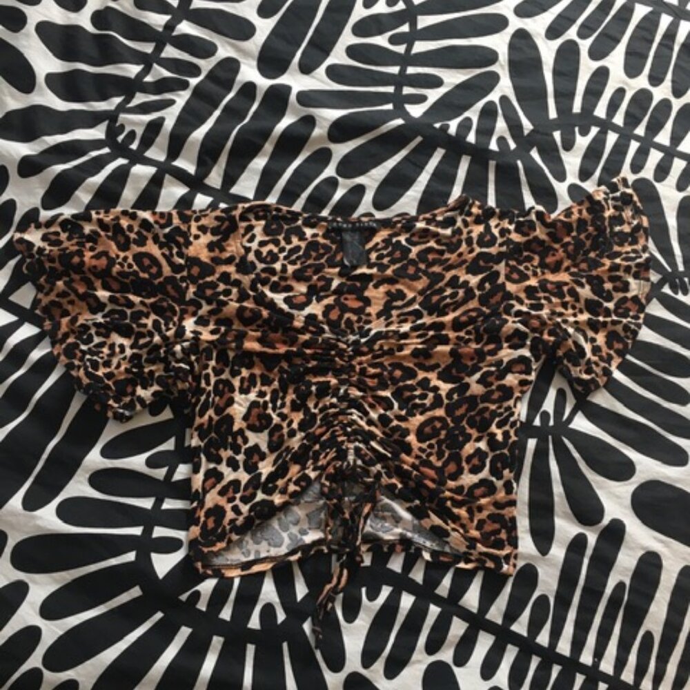Leopard Print Cinch Crop Top with Flutter Sleeves